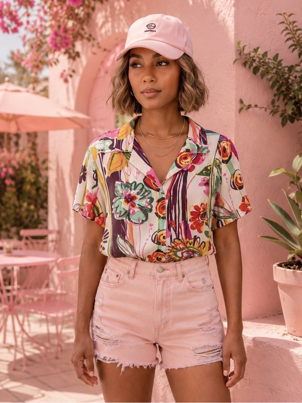 JAMS WORLD 50 YRS red pink Floral Short-Sleeve Button UP Top blouse X large